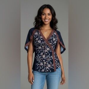 BCBG Y2K Vintage Blue Brown Kimono Wrap Asian Japanese Print Split Sleeves Top S